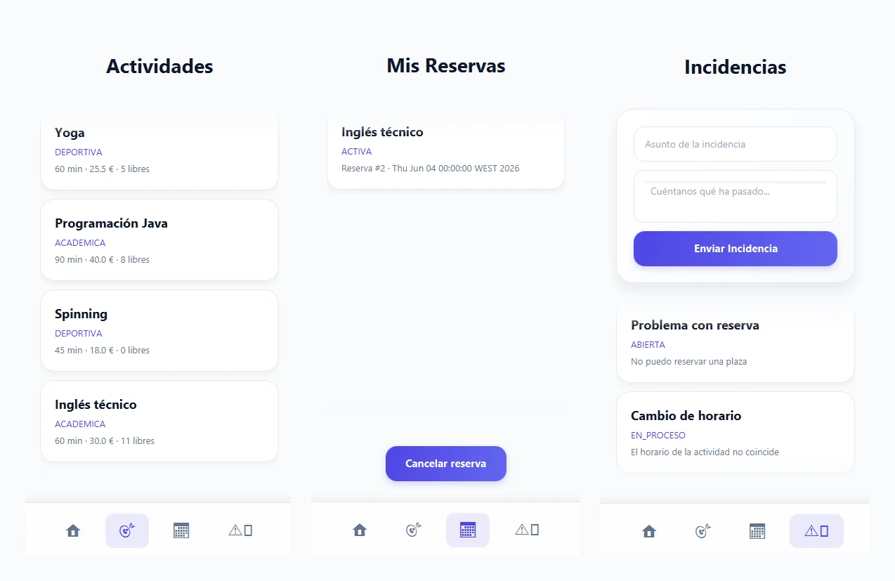 App JavaFX: actividades, reservas e incidencias